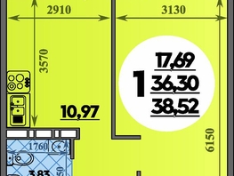 Продается 1-комнатная квартира ЖК Восточный, литера 37, 38.52  м², 5272999 рублей