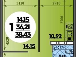 Продается 1-комнатная квартира ЖК Восточный, литера 37, 38.43  м², 5319999 рублей