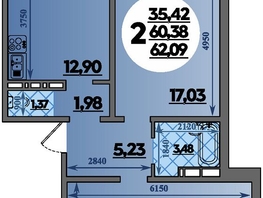 Продается 2-комнатная квартира ЖК Молодежный 2, литера 14, 62.09  м², 7481845 рублей