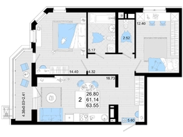 Продается 2-комнатная квартира ЖК Фонтаны, литер 19, 63.55 м², 10803500 рублей