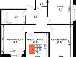 Продается 3-комнатная квартира ЖК Дыхание, литер 28, 66.1  м², 7932000 рублей