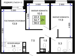 Продается 2-комнатная квартира ЖК Дыхание, литер 29, 56  м², 6832000 рублей