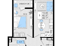 Продается 1-комнатная квартира ЖК Резиденция морей, корпус В, 44.17  м², 10887905 рублей