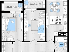 Продается 2-комнатная квартира ЖК Резиденция морей, корпус В, 63.17 м², 14229042 рублей