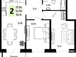 Продается 2-комнатная квартира ЖК Усадьба Гостагаевская, корпус 4, 56.16 м², 11512800 рублей