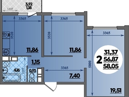 Продается 2-комнатная квартира ЖК Восточный, литера 2, 58.05 м², 8359700 рублей
