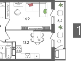 Продается 1-комнатная квартира ЖК Рекорд 2, литера 3, 44.5  м², 10159350 рублей