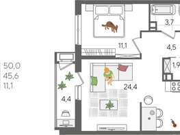 Продается 1-комнатная квартира ЖК Рекорд 2, литера 4, 50  м², 10365000 рублей