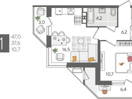 Продается 1-комнатная квартира ЖК Рекорд 2, литера 5, 47  м², 9752500 рублей