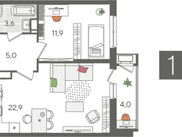 Продается 1-комнатная квартира ЖК Рекорд 2, литера 5, 47.4  м², 9603240 рублей