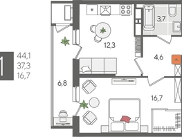 Продается 1-комнатная квартира ЖК Рекорд 2, литера 5, 44.1  м², 9719640 рублей
