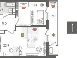 Продается 1-комнатная квартира ЖК Рекорд 2, литера 5, 50.4  м², 10301760 рублей
