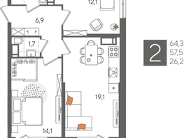 Продается 2-комнатная квартира ЖК Рекорд 2, литера 5, 64.3  м&sup2;, 13670180 рублей