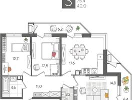 Продается 3-комнатная квартира ЖК Рекорд 2, литера 5, 88  м², 17186400 рублей