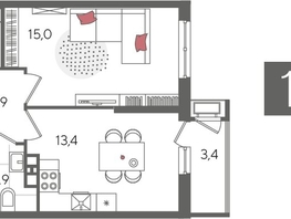 Продается 1-комнатная квартира ЖК Рекорд 2, литера 6, 41.6  м², 8810880 рублей