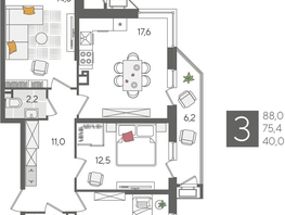 Продается 3-комнатная квартира ЖК Рекорд 2, литера 6, 88  м², 17221600 рублей
