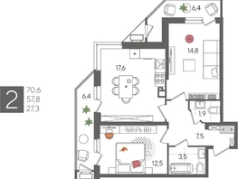 Продается 2-комнатная квартира ЖК Рекорд 2, литера 6, 70.6  м², 14007040 рублей