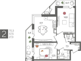 Продается 2-комнатная квартира ЖК Рекорд 2, литера 6, 70.3  м², 14010790 рублей