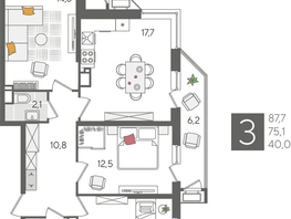 Продается 3-комнатная квартира ЖК Рекорд 2, литера 6, 87.7  м², 17276900 рублей