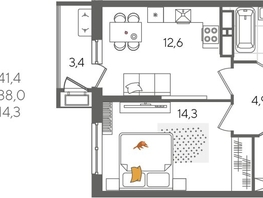 Продается 1-комнатная квартира ЖК Рекорд 2, литера 6, 41.4  м², 9199080 рублей