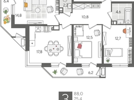 Продается 3-комнатная квартира ЖК Рекорд 2, литера 6, 88  м², 16324000 рублей