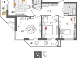 Продается 3-комнатная квартира ЖК Рекорд 2, литера 6, 87.7  м², 16978720 рублей