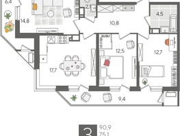 Продается 3-комнатная квартира ЖК Рекорд 2, литера 6, 90.9  м², 18116370 рублей