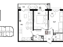 Продается 2-комнатная квартира ЖК Рекорд 2, литера 1, 64  м&sup2;, 14502400 рублей