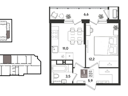 Продается 1-комнатная квартира ЖК Рекорд 2, литера 1, 38.6  м&sup2;, 11182420 рублей