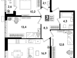 Продается 3-комнатная квартира ЖК DOGMA PARK (Догма парк), литера 16, 70.6  м², 10095800 рублей