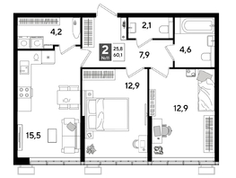 Продается 2-комнатная квартира ЖК DOGMA PARK (Догма парк), лит 17, 59.6 м², 9154560 рублей