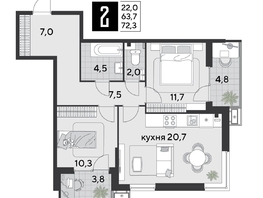 Продается 2-комнатная квартира ЖК Парк Победы 2, литера 19, 72.3  м², 11032980 рублей