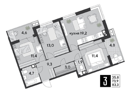 Продается 3-комнатная квартира ЖК Парк Победы 2, литера 19, 83.3  м&sup2;, 12011860 рублей