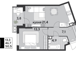 Продается 1-комнатная квартира ЖК Парк Победы 2, литера 19, 50.5  м&sup2;, 8822350 рублей