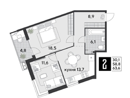 Продается 2-комнатная квартира ЖК Парк Победы 2, литера 21, 63.6  м², 9660840 рублей