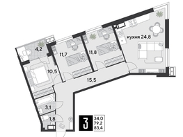 Продается 3-комнатная квартира ЖК Парк Победы 2, литера 21, 83.4  м², 11751060 рублей