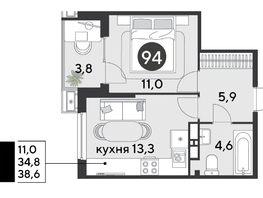 Продается 1-комнатная квартира ЖК Парк Победы 2, литера 6, 38.6  м², 7249080 рублей