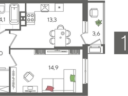 Продается 1-комнатная квартира ЖК Рекорд 2, литера 3, 41.9  м², 8991740 рублей