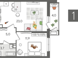 Продается 1-комнатная квартира ЖК Рекорд 2, литера 5, 47.6  м², 9510480 рублей