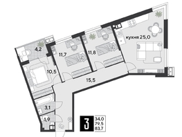 Продается 3-комнатная квартира ЖК Парк Победы 2, литера 21, 83.7  м&sup2;, 11935620 рублей