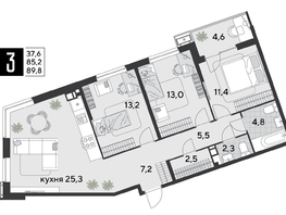 Продается 3-комнатная квартира ЖК Парк Победы 2, литера 19, 89.8  м&sup2;, 12760580 рублей