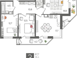 Продается 3-комнатная квартира ЖК Рекорд 2, литера 5, 87.7  м&sup2;, 17504920 рублей