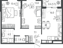 Продается 2-комнатная квартира ЖК Все Свои ВИП, литер 7, 58.4  м&sup2;, 15768000 рублей