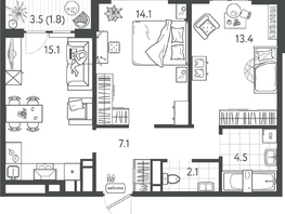 Продается 2-комнатная квартира ЖК Все Свои ВИП, литер 7, 58.15  м&sup2;, 16282000 рублей