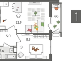 Продается 1-комнатная квартира ЖК Рекорд 2, литера 5, 47.4  м&sup2;, 11413920 рублей
