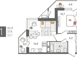 Продается 1-комнатная квартира ЖК Рекорд 2, литера 5, 46.8  м&sup2;, 11334960 рублей