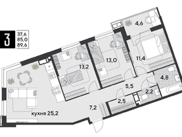 Продается 3-комнатная квартира ЖК Парк Победы 2, литера 19, 89.6  м&sup2;, 12875520 рублей