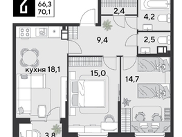 Продается 2-комнатная квартира ЖК Парк Победы 2, литера 30, 70.1  м&sup2;, 10963640 рублей