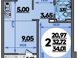 Продается 2-комнатная квартира ЖК Молодежный 2, литера 12, 34.01  м&sup2;, 4924648 рублей
