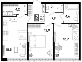 Продается 2-комнатная квартира ЖК ДОГМА ПАРК, литера 15, 59.5  м&sup2;, 9805600 рублей